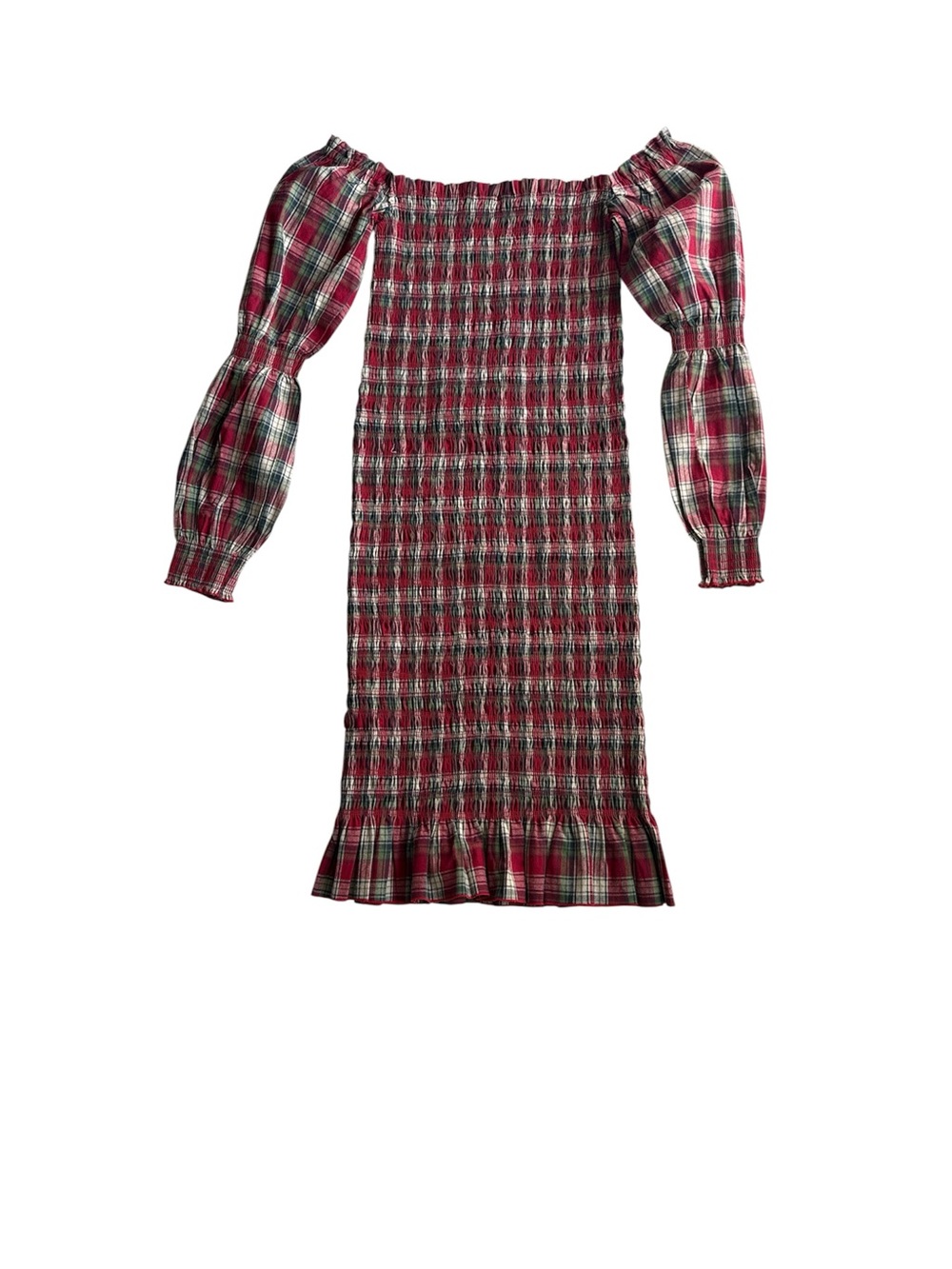 Nothing Fits But Plaid Smocked Off-Shoulder Midi Dress Puff Sleeve S/M Maternity - Picture 2 of 7